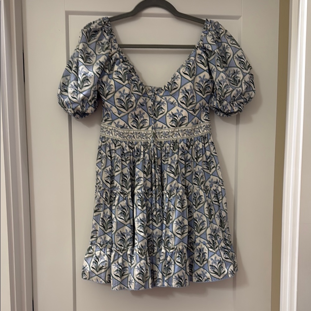 Agua By Agua Bendita Blue And White Floral Puff-Sleeve Mini Dress